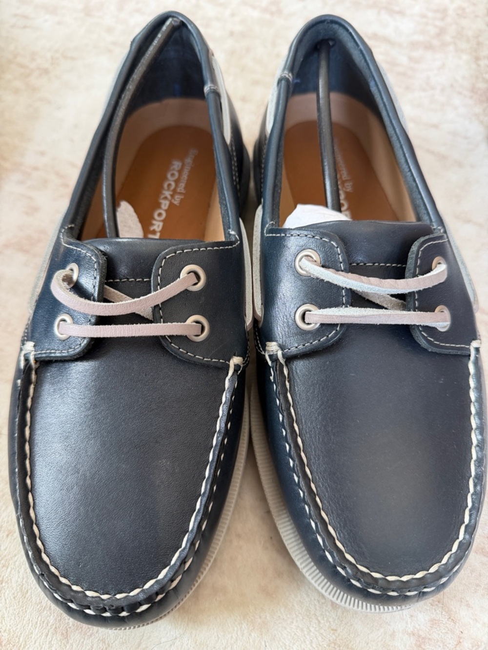 Rockport Men’s Navy and White Leather Boat Shoes with Tan Laces